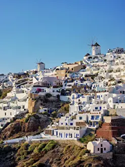Thera Prints: View towards the windmills, Oia Village, Santorini or Thira Island, Cyclades, Greece