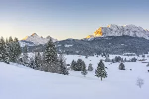 Images Dated 10th March 2021: View over winter landscape to Karwendel Range, Klais near Mittenwald, Bavarian Alps