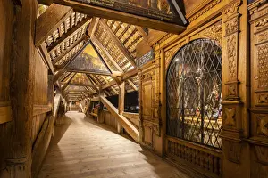 Monuments Prints: View of the wooden footbridge of Spreuerbrucke at night with the paintings of the Totentanz cycle by Kaspar Meglinger