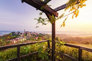 Langa Prints: Viewpoint of Castiglione Tinella during the sunrise from a gazebo, Castiglione Tinella
