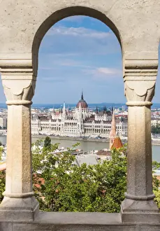 Views towards Danube and Hungarian Parliament from the arches of Fishermans Bastion