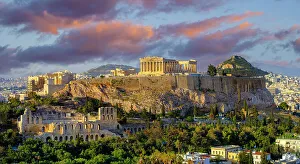Agean Prints: Views over Ruins of the Temple of Parthenon and the City of Athens