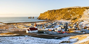Vik i Myrdal, Southern Iceland, Iceland. Panoramic high angle view over Viks church