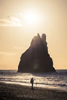 Vik i Myrdal, Southern Iceland, Iceland. Reynisdrangar sea stacks in early morning