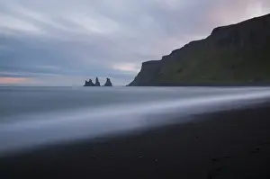 Vik, southern Iceland. Reynisfjara rock formations and black sand beach