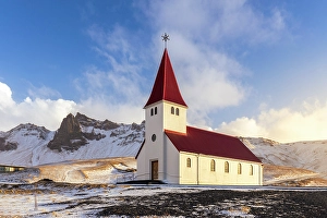 Sudurland Prints: Vikurkirkja, Vik's church with red rooftop. Vik i Myrdal, Sudurland, Iceland