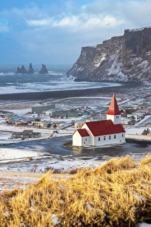 Rooftops Prints: Vikurkirkja, Vik's church with red rooftop. Vik i Myrdal, Sudurland, Iceland