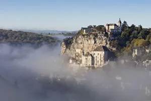 Village of Rocamadour in mist, Lot, Midi-Pyrenees, France
