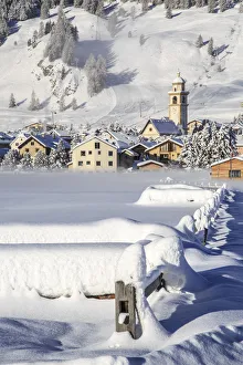 Canton Graubunden Prints: The village of Samedan in Engadine in winter. Canton of Graubunden. Switzerland