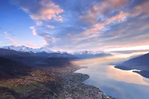 Province Of Como Prints: The village of Stazzona at sunrise. San Bernardo Church, Monte Bregagno, Dongo, Como Lake