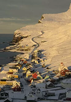 Images Dated 27th January 2022: The village of Sumba covered by snow at sunrise. Island of Suðuroy. Faroe Islands