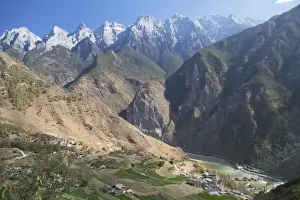 Village in Tiger Leaping Gorge and Jade Dragon Snow Mountain (Yulong Xueshan), Yunnan