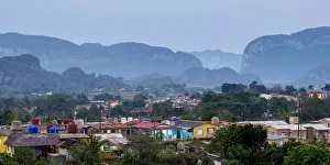Vinales Prints: Vinales Town and Valley at dusk, elevated view, UNESCO World Heritage Site