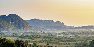 Cuba Prints: Vinales Valley at sunrise, elevated view, UNESCO World Heritage Site