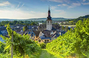 Images Dated 17th July 2018: Vineyards and St Jacobs Church, Rudesheim, Rhineland-Palatinate, Germany