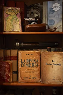 Detail of vintage books of the ' Divine Commedy' inside an old office of the Palacio Barolo, Monserrat, Buenos Aires, Argentina. (PR) Images Dated 11th March 2022: Detail of vintage books of the 'Divine Commedy'inside an old office of the Palacio Barolo, Monserrat