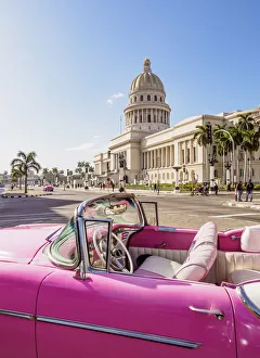 Automobile Prints: Vintage car at Paseo del Prado and El Capitolio, Havana, La Habana Province, Cuba