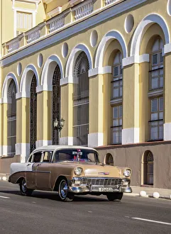 Almendron Prints: Vintage car passing by the Sauto Theater, Matanzas, Matanzas Province, Cuba