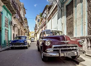Vintage cars at the street of La Habana Vieja, Havana, La Habana Province, Cuba