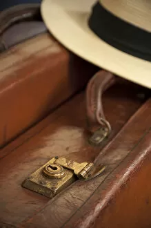 Images Dated 21st March 2011: Vintage Leather Suitcase with Panama Hat