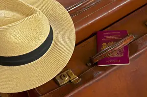 Baggage Prints: Vintage Leather Suitcase with Panama Hat and British Passport