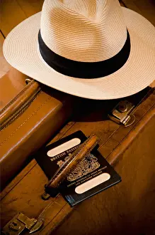 Copson Prints: Vintage Leather Suitcase with Panama Hat and old style British Passport