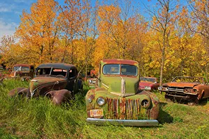 Truck Prints: Vintage old vehicle in wrecking yard St. Lupicin, Manitoba, Canada