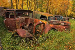 Truck Prints: Vintage old vehicle in wrecking yard St. Lupicin, Manitoba, Canada