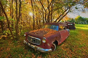 Truck Prints: Vintage old vehicle in wrecking yard St. Lupicin, Manitoba, Canada