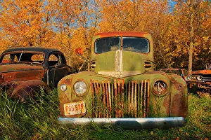 Truck Prints: Vintage old vehicle in wrecking yard St. Lupicin, Manitoba, Canada