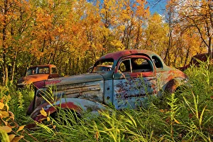 Truck Prints: Vintage old vehicle in wrecking yard St. Lupicin, Manitoba, Canada