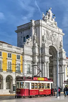Vintage tourist tramway, Praca do Comercio or Commerce square, Lisbon, Portugal