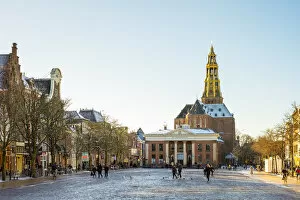 Snowfall Collection: Vismarkt and the Aa-Kerk church on winter afternoon, Groningen, Netherlands