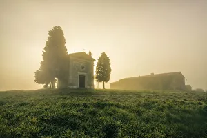 Dorcia Prints: Vitaleta Chapel covered with fog during autumn, Val d Orcia, Tuscany, Italy