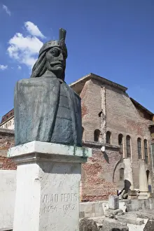Bucharest Prints: Vlad Tepes (Vlad the Impaler) statue at Old Princely Court, Historic Quarter, Bucharest