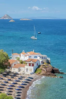 South West Europe Prints: Vlichos beach, Hydra Town, Hydra (Ydra), Saronic Islands, Greece