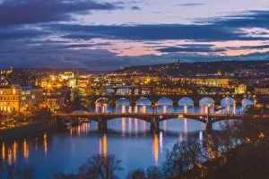 Urban Scene Prints: Vltava River with the bridges, Charles Bridge and the Old Town Bridge Tower, Prague