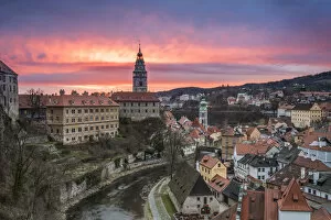 Vltava River by State Castle and Chateau Cesky Krumlov in town at sunrise, UNESCO