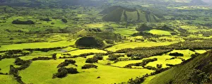 Volcanic Islands Prints: Volcanic landscape with pastures between craters. Pico, Azores islands, Portugal