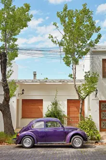 Automobile Prints: A Volkswagen Beetle vintage car in a street of the Colonia del Sacramento historical cask