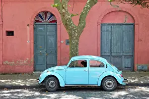 A Volkswagen Beetle vintage car in a street of the Colonia del Sacramento historical cask, Uruguay. Colonia was declared UNESCO World Heritage Site in 1995