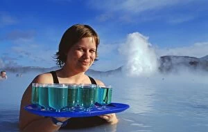 Images Dated 6th March 2009: Waitress serving Blue Cocktails at the Blue Lagoon thermal spa