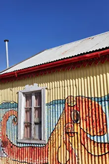 Octopus Prints: Wall art paintings over the exterior facade of the Alma Patagonica'restaurant in the town of Camarones