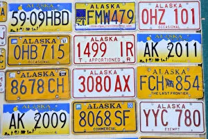 Wall decorated with License plates, Fairbanks, Alaska, USA
