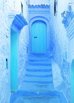 Chefchaouen Prints: Wall, door and steps painted blue, Chefchaouen, Rif Mountains, Morocco