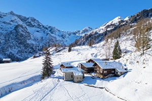 Val Sesia Prints: walser huts in Alpe Otro in winter. Alagna, Valsesia, Vercelli province, Piedmont, Italy