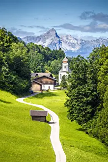 Wamberg village with Mount Zugspitze and Alpspitze on the background, Garmisch