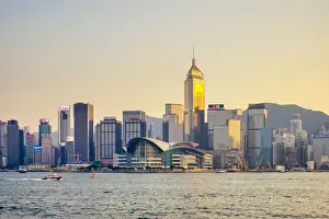 Wan Chai district and Hong Kong Convention and Exhibition Centre at sunset, Wan Chai