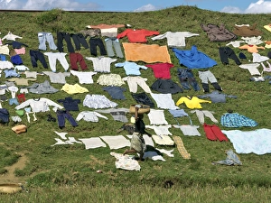 Images Dated 23rd May 2007: Washing put out to dry on a railway embankment near Antananarivo