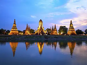 Brick Prints: Wat Chai Wattanaram buddhist temple mirrored in water at dawn, Ayutthaya, Thailand